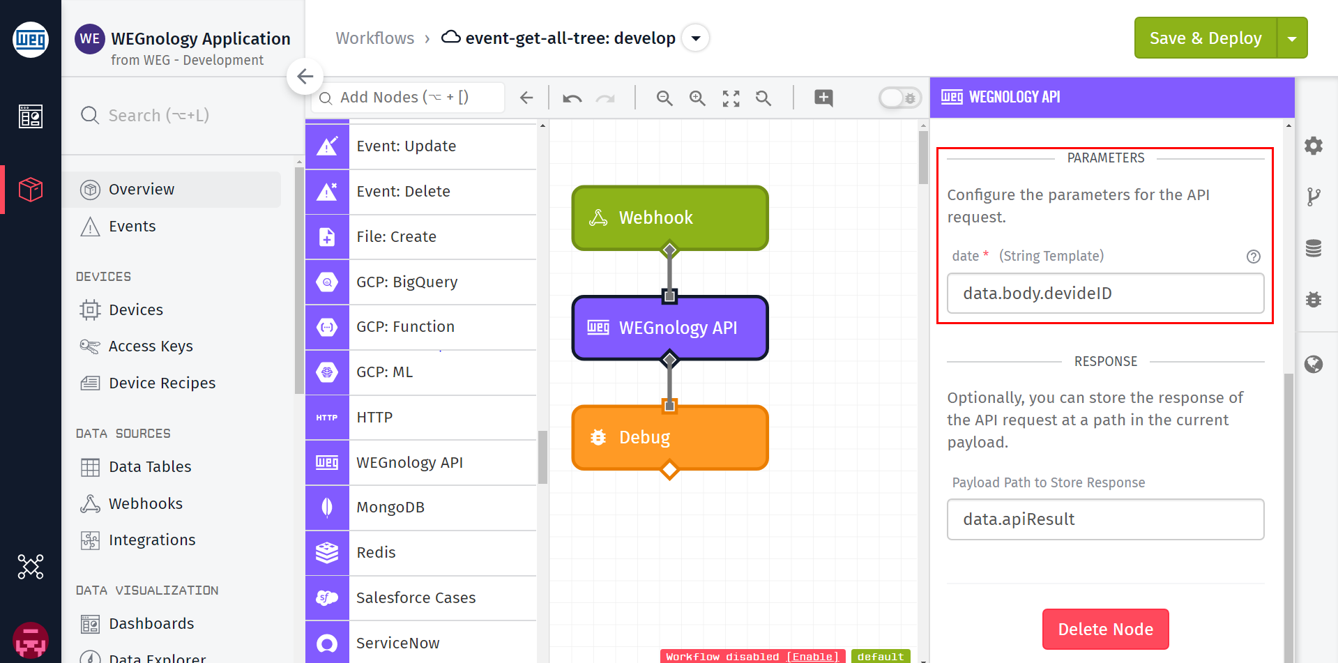 WEGnology API Node Parameter Configuration