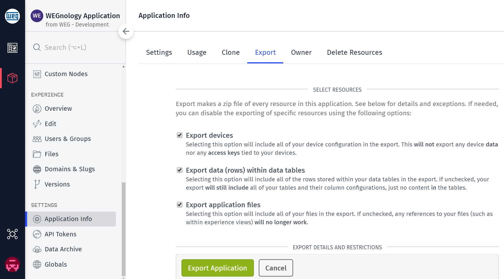 Application Export Application Export