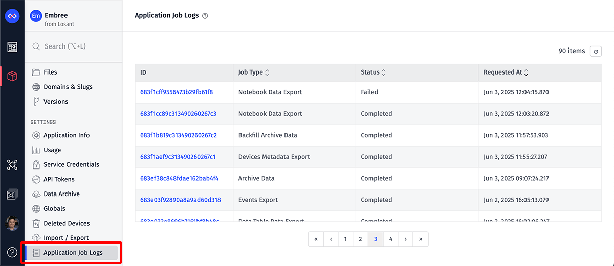 Application Job Logs List