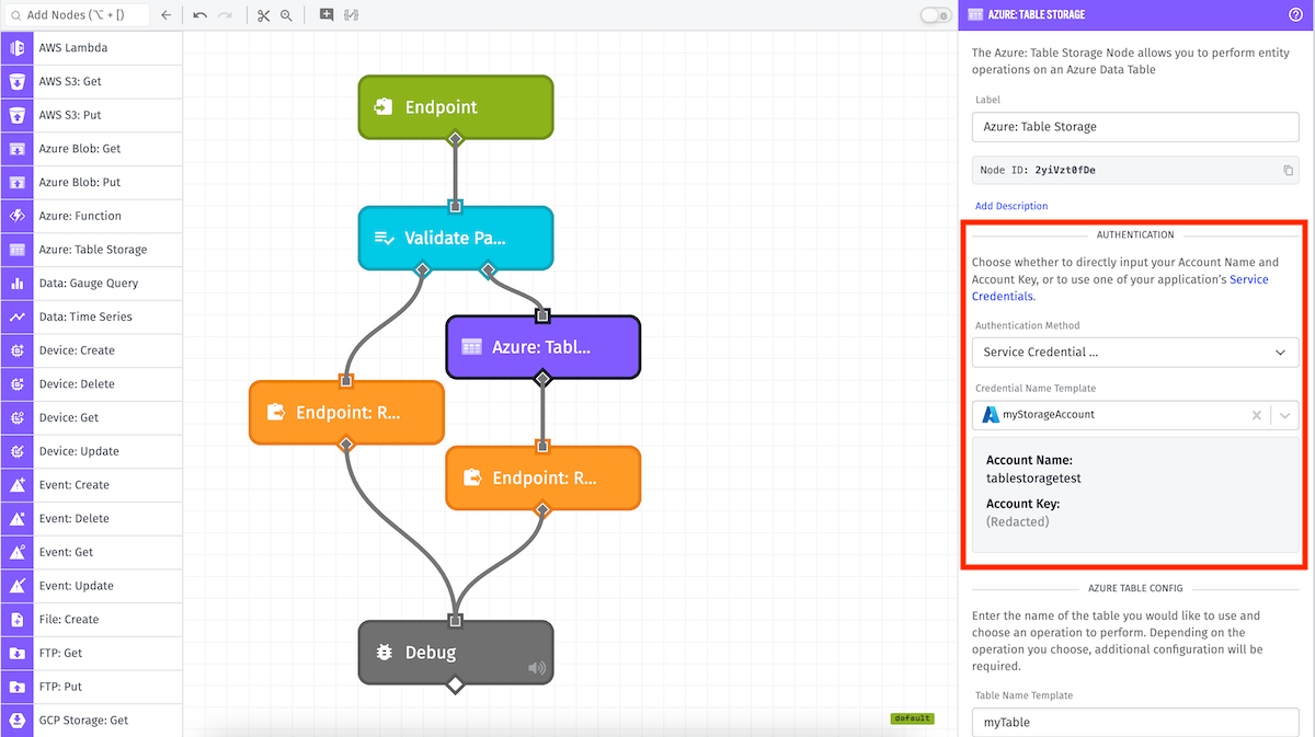 Azure: Table Storage Node Credentials