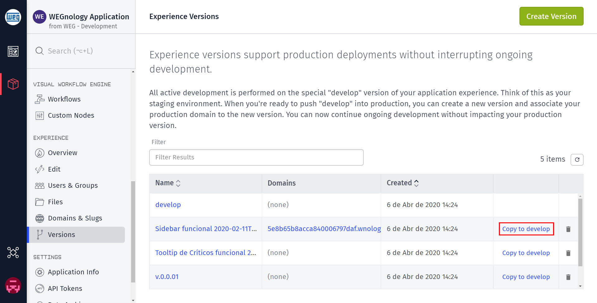 Copy Version to Develop Button Copy Version to Develop Button