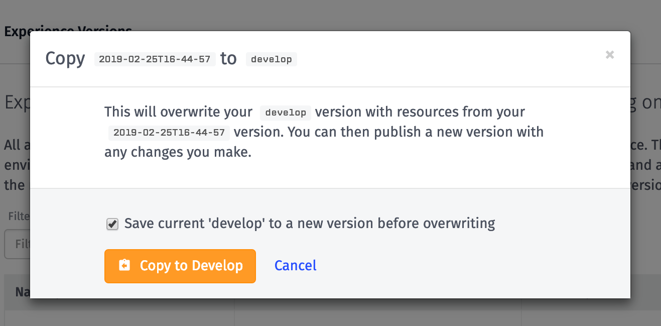 Copy Version to Develop Modal Copy Version to Develop Modal