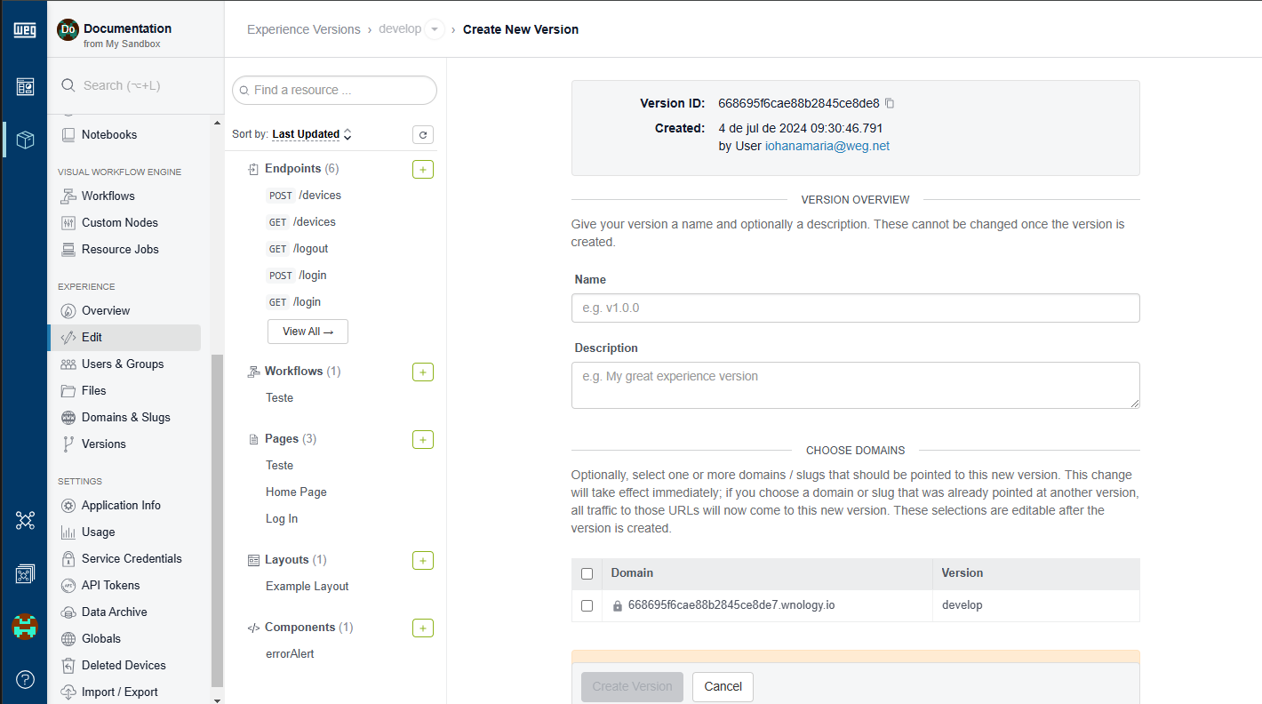 Create Experience Version Create Experience Version