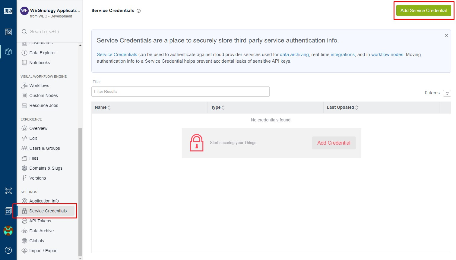 Service Credentials List Service Credentials List
