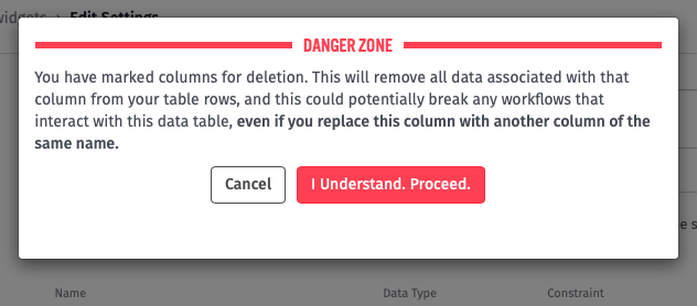 Data Table Column Delete Warning Data Table Column Delete Warning