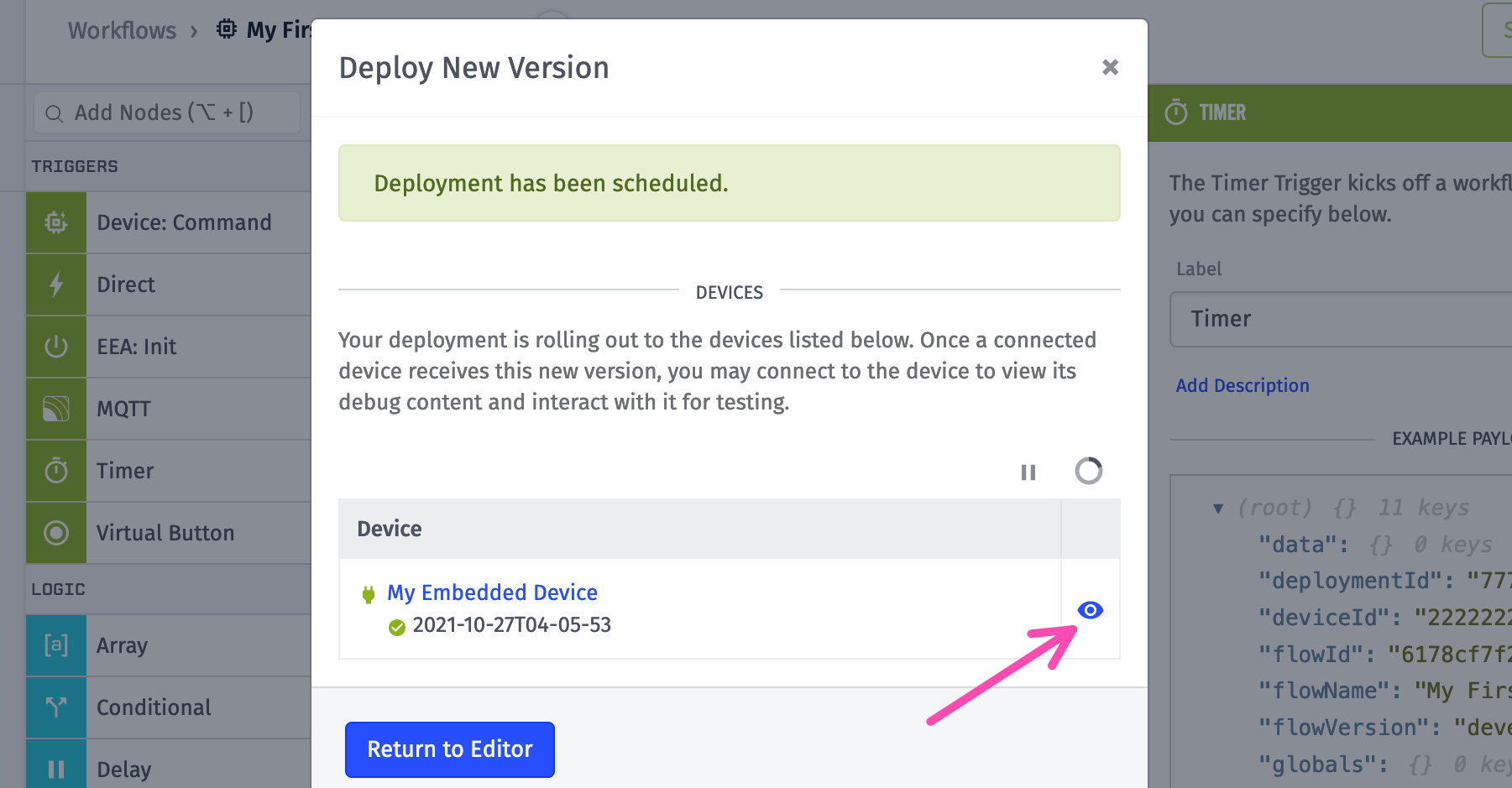 Deploy successfully scheduled, click live look
