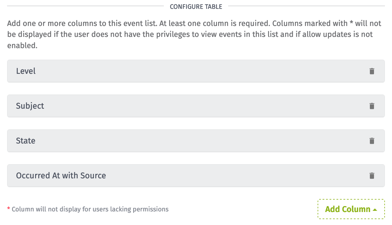 Event Column Configuration Event Column Configuration