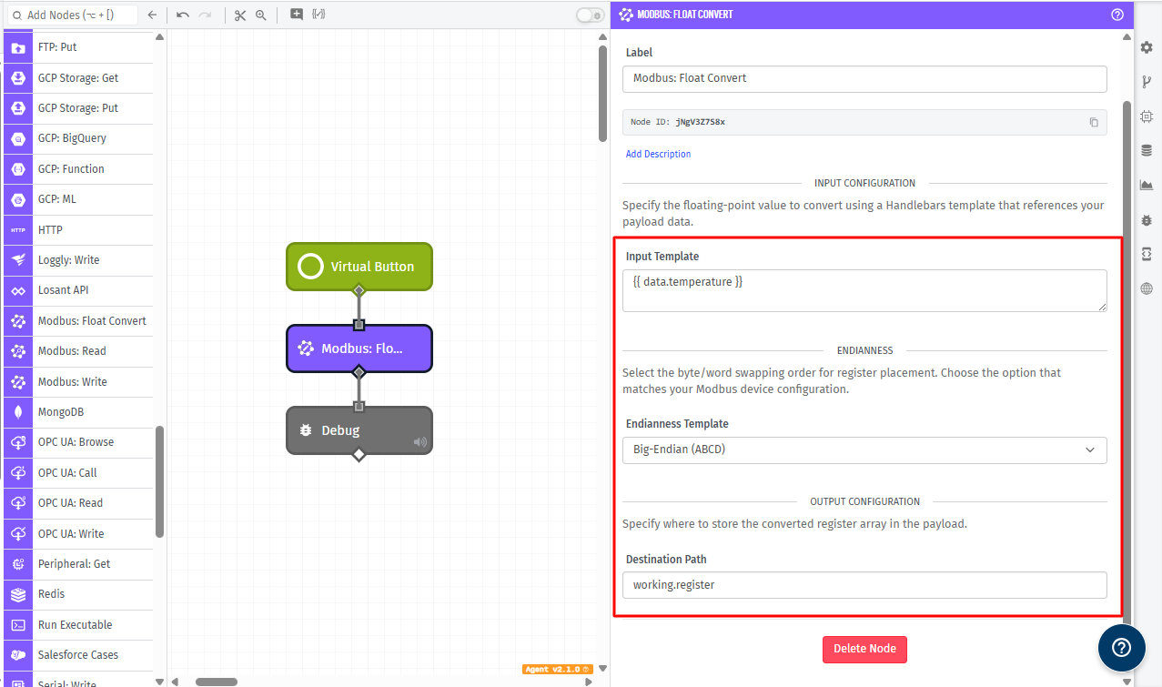 Modbus Float Convert Node Configuration Modbus Float Convert Node Configuration