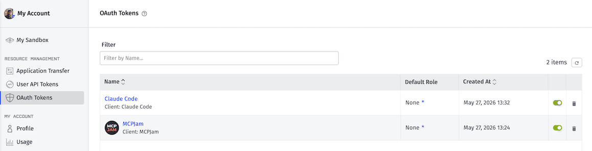 OAuth Tokens List OAuth Tokens List