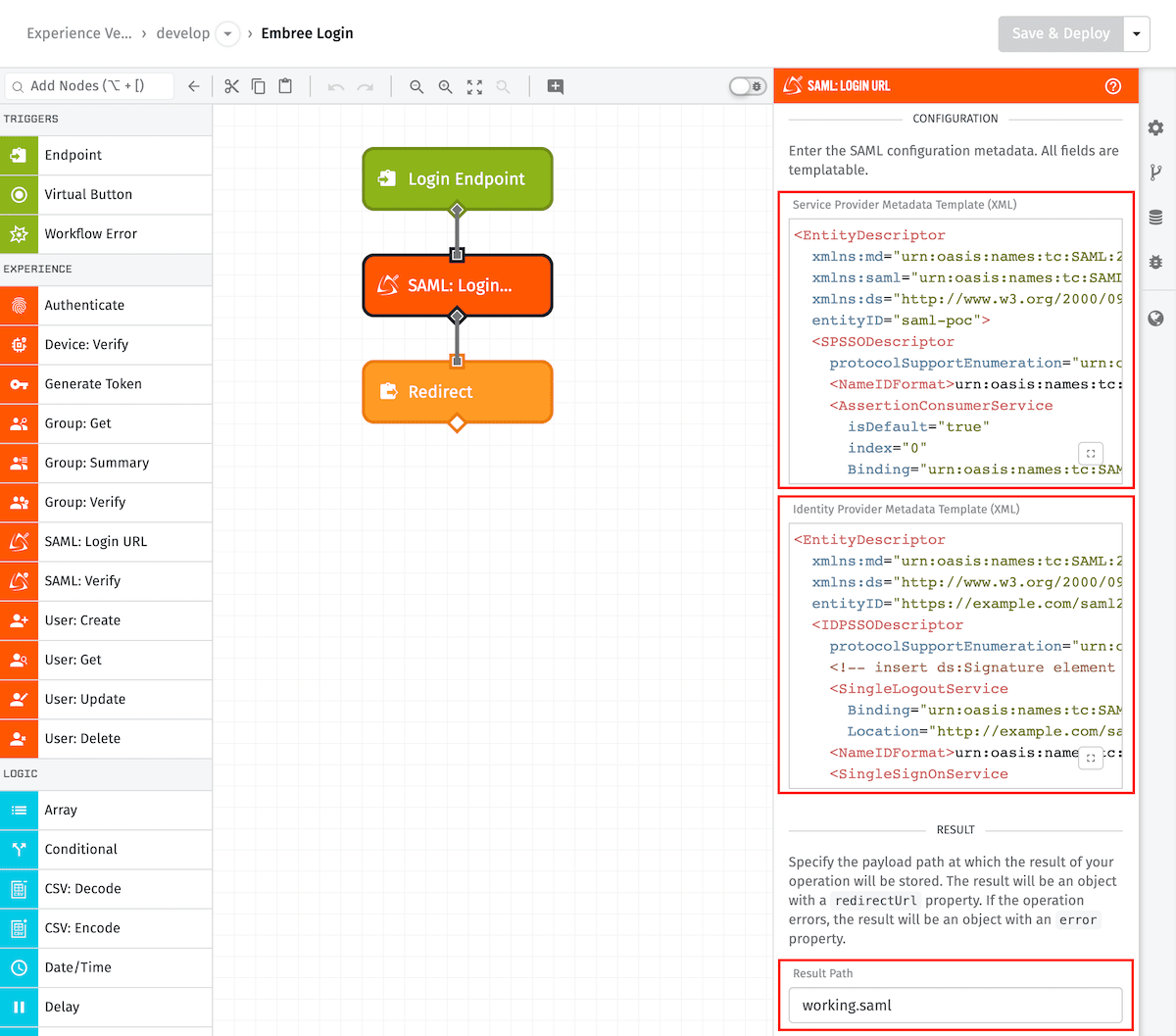SAML: Login URL Node Configuration