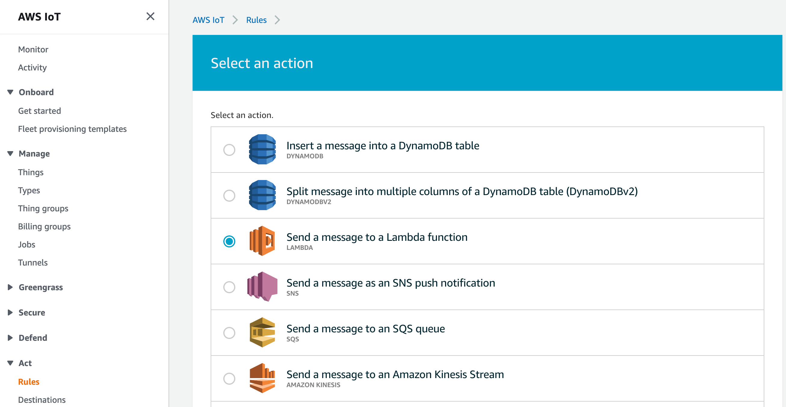 Select Lambda as AWS IOT Rule Select Lambda as AWS IOT Rule