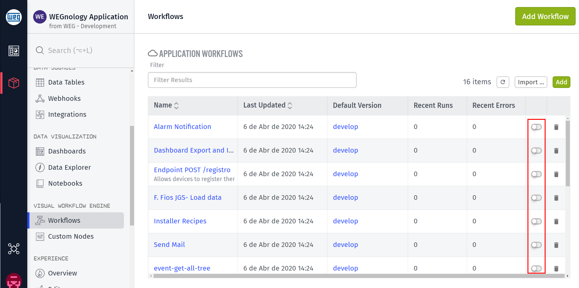 Enable Workflows Enable Toggle